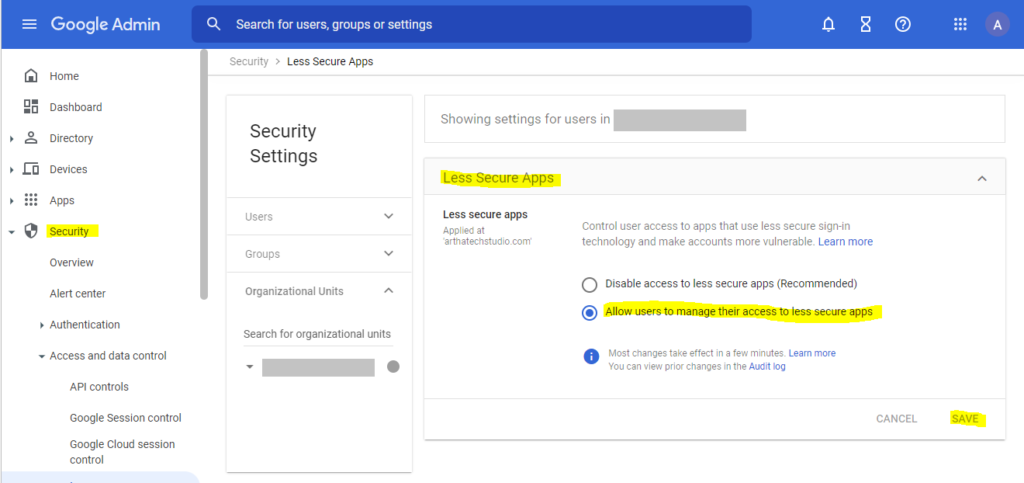 setting to allow users to manage their access to less secure apps in google workspace