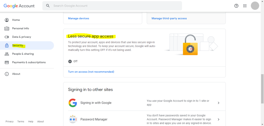 less secure app access for google user accounts