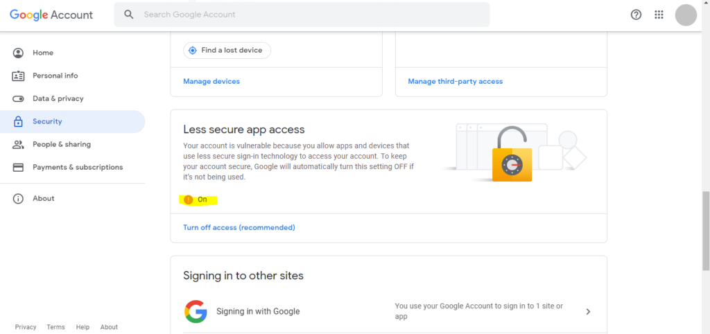 enable less secure app access for gmail