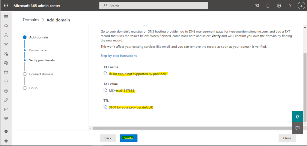 how to verify domain in microsoft 365