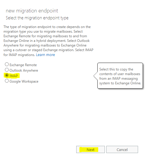 set migration endpoint type in microsoft exchange online admin