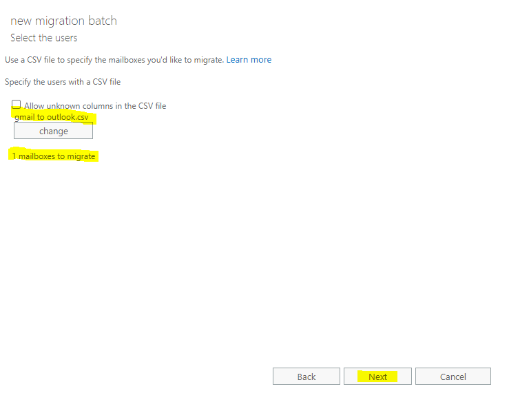 select user list file to migrate from gmail to microsft365